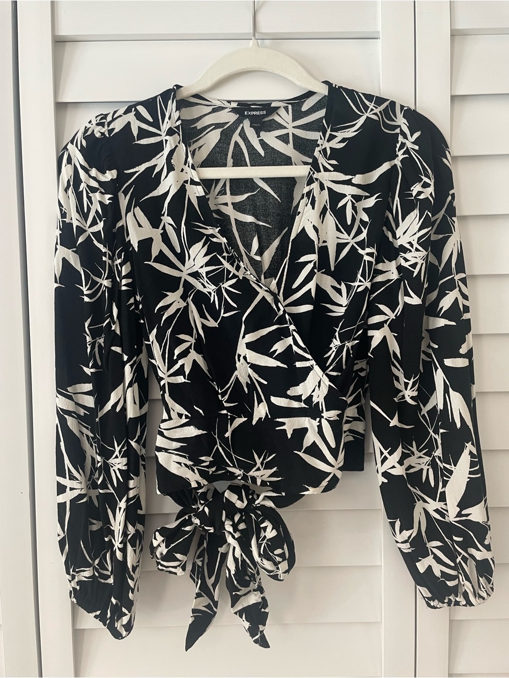 Express Black and White Printed Wrap Blouse with Tie Waist